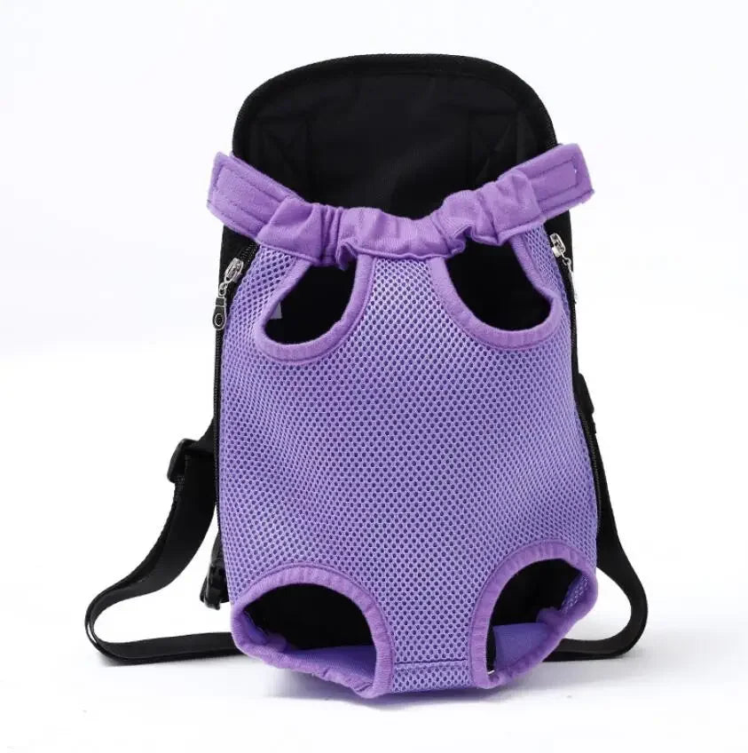 A purple mesh pet carrier backpack with purple fabric trim and black straps.