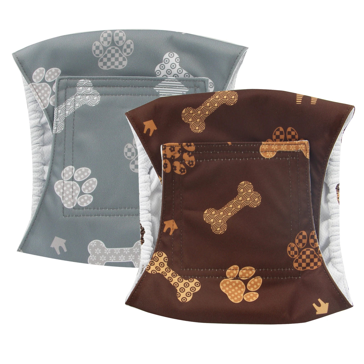 Three reusable washable dog belly bands in gray and brown colors with paw print patterns