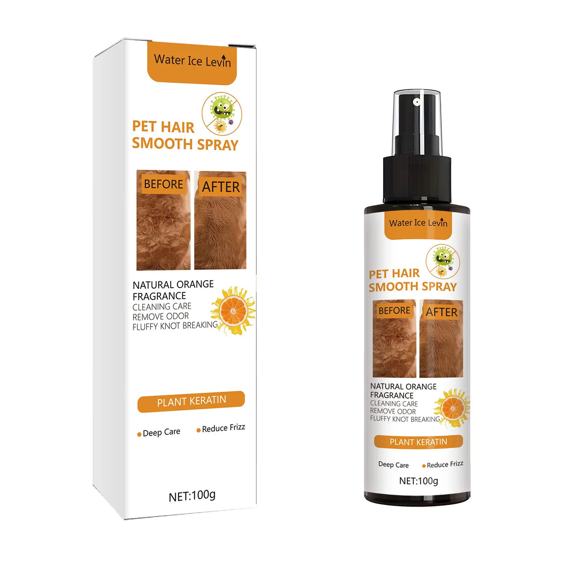 Box und Flasche Pet Hair Smooth Spray mit natürlichem orangefarbenem Duft zur Reinigung und Frizz-Reduzierung
