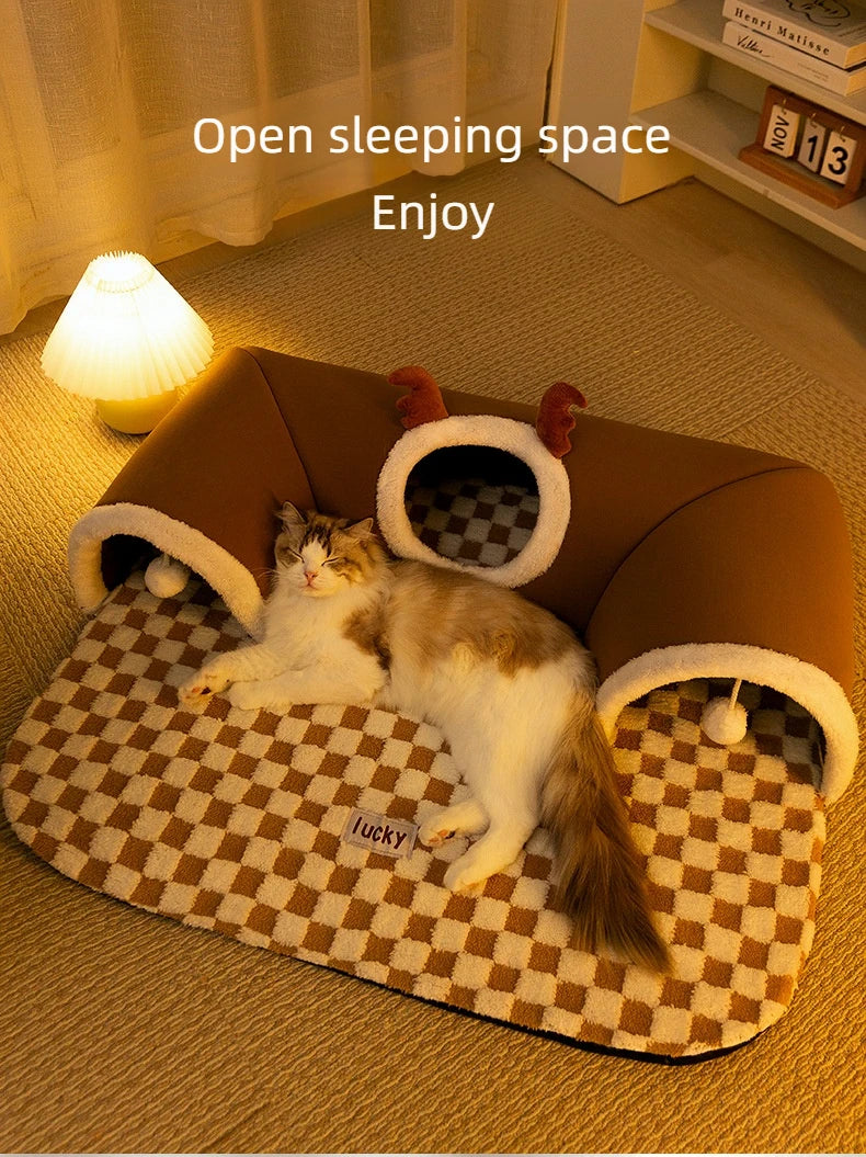 Winter Plush Cat Bed with Reindeer Tunnel