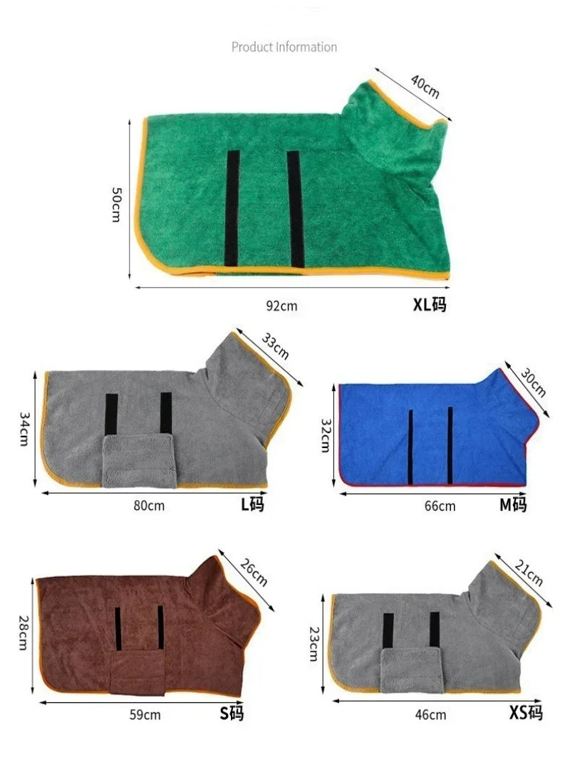 A collection of green, gray, blue, and brown quick-dry absorbent pet bathrobes for dogs and cats shown in various sizes.