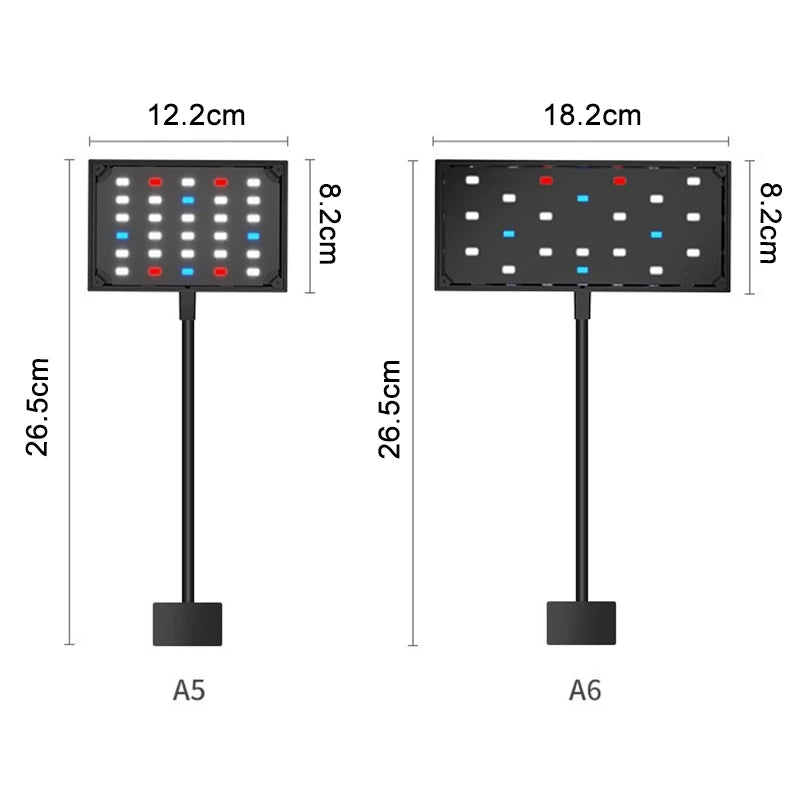 Two full spectrum LED grow lights, A5 and A6 models, shown with dimensions.