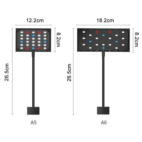 Zwei Vollspektrum-LED-Wachstumslampen, Modelle A5 und A6, mit Maßen dargestellt.