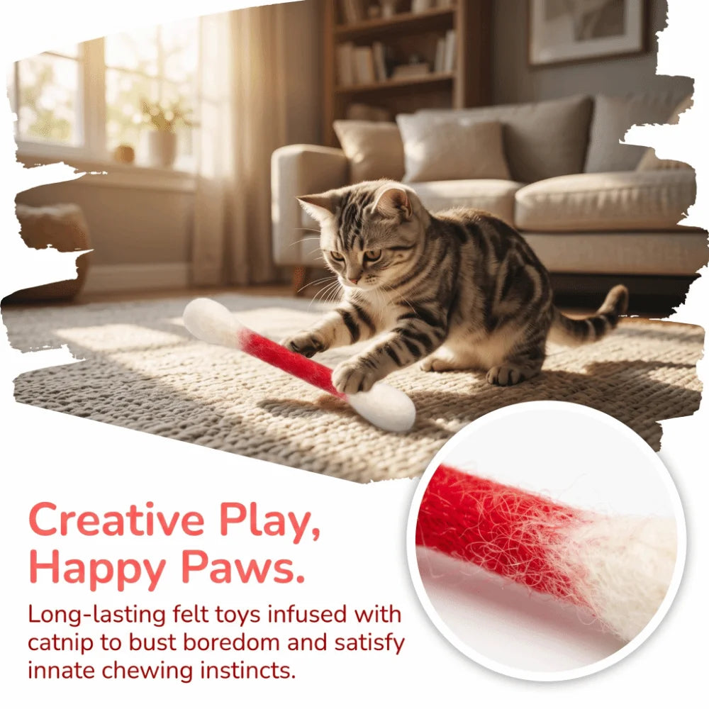 A tabby cat plays with a red and white felt toy on a rug.