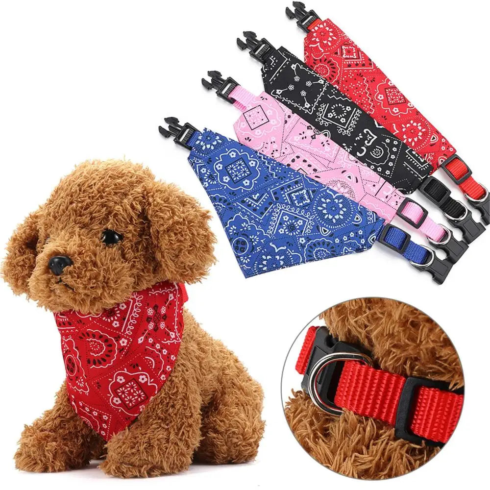 A brown poodle sits next to several colorful adjustable cotton pet bandanas for cats and small dogs.