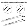 A set of stainless steel aquarium feeding tweezers shown in various curved and straight angles.