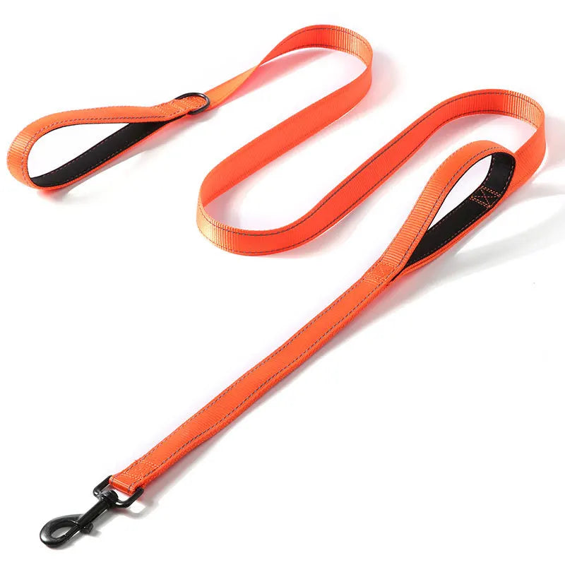 Orange heavy duty reflective dog leash with dual handles shown against a white background
