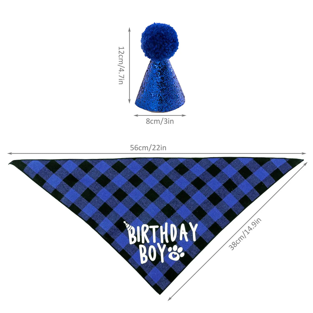 A royal blue fuzzy party hat with a black plaid bandana and bow tie for a birthday boy theme.