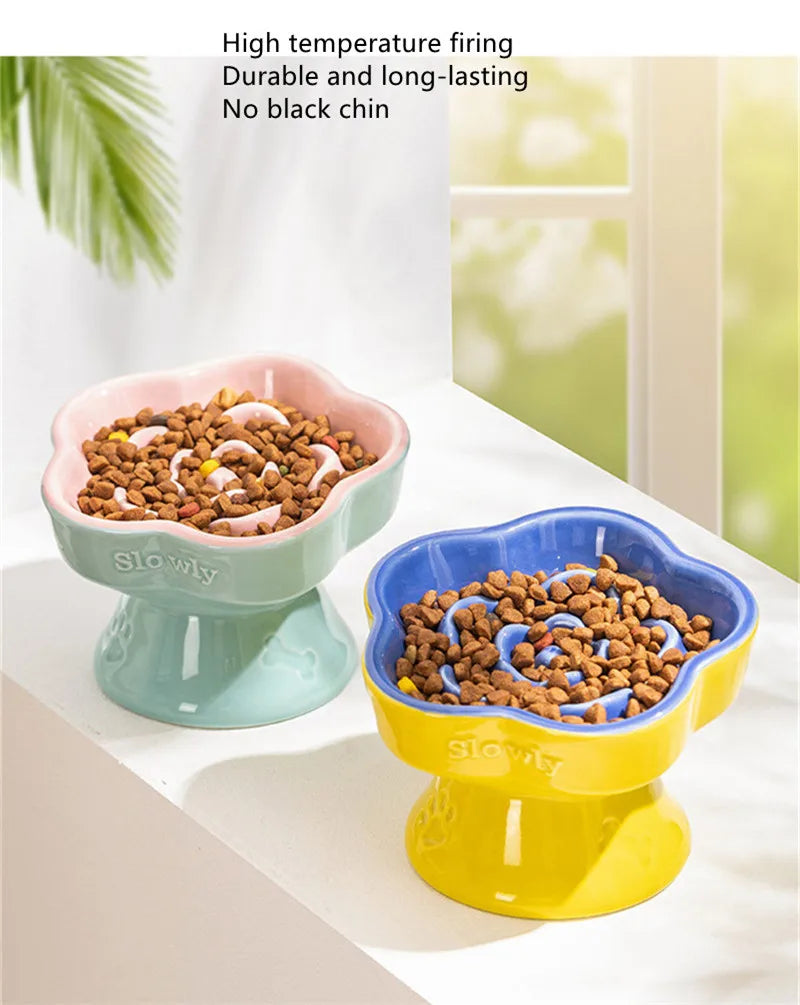 Elevated Ceramic Slow Feeder Bowl for Cats and Small Dogs