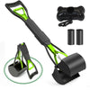 A heavy duty pet poop scooper with a long handle and a black and lime green design, shown with its components.