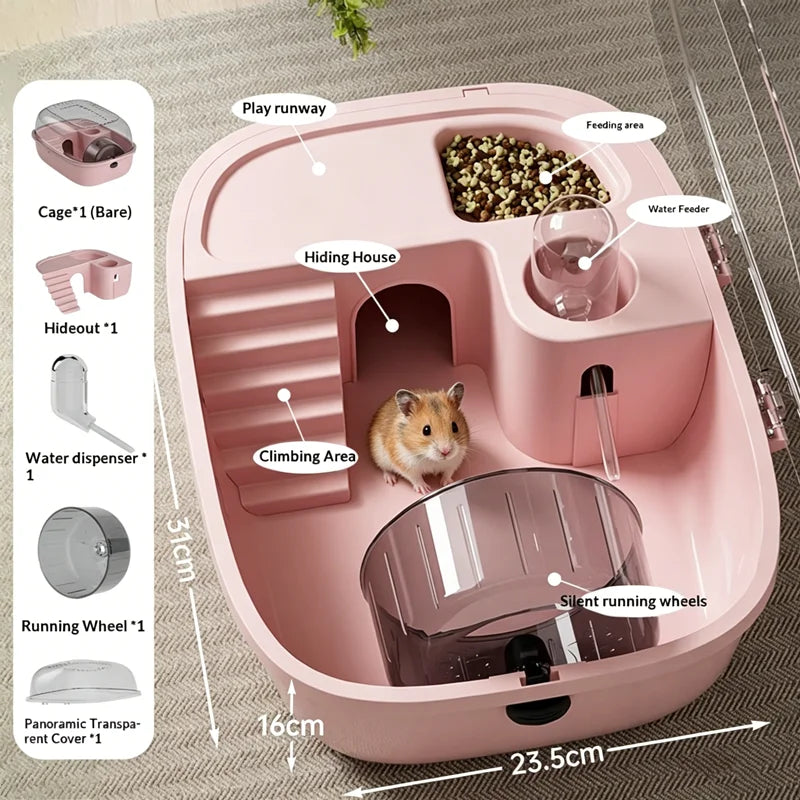 Rosa Luxushamsterkäfig mit Zubehör wie Laufstrecke, Versteck und Futterstation