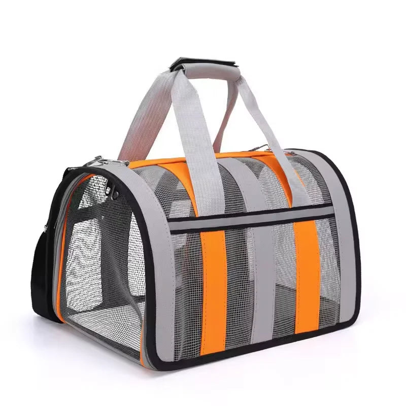 A foldable mesh pet carrier in gray and orange with shoulder straps.