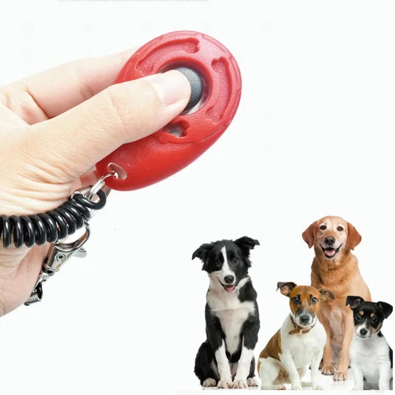 Une main tient un clicker de dressage rouge fixé à une laisse, avec plusieurs chiens regardant l'appareil photo.