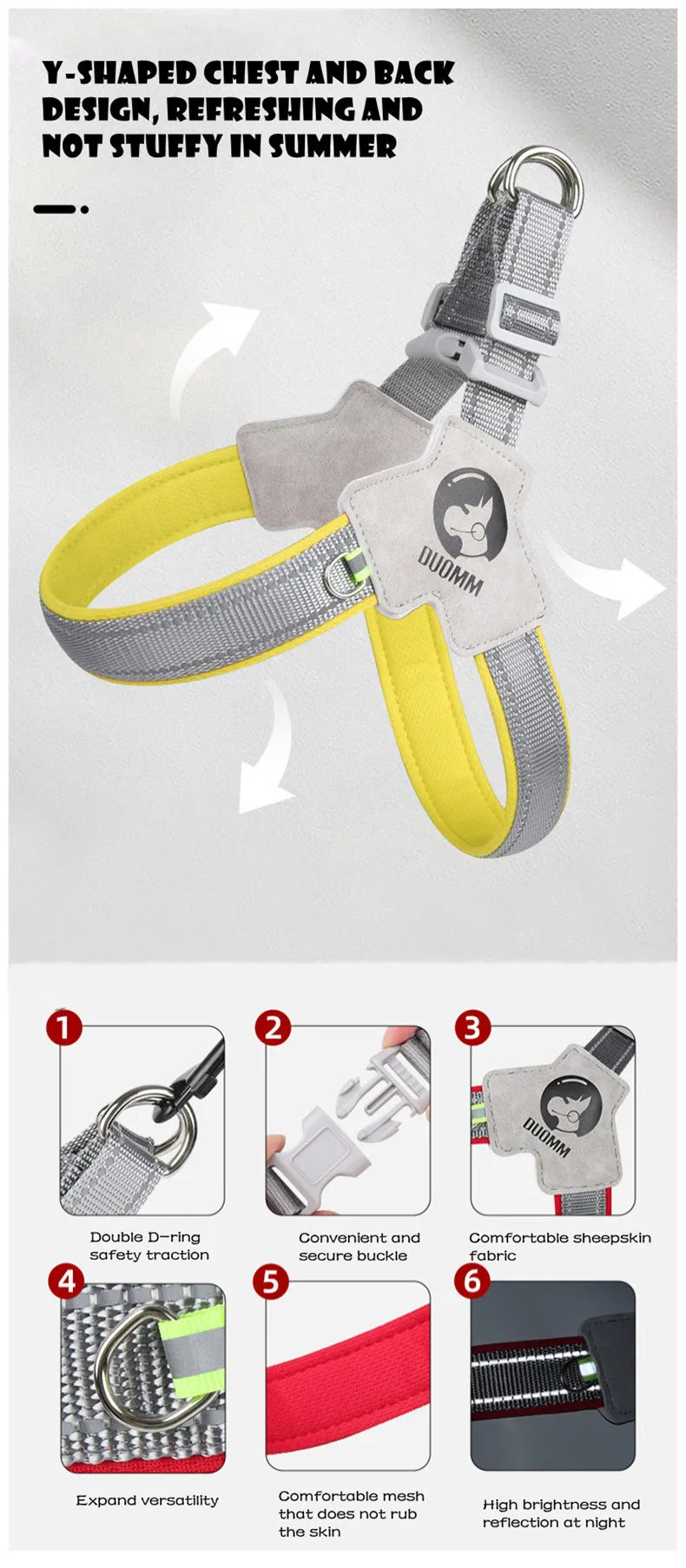 A yellow and gray Y-shaped pet harness with reflective mesh fabric designed for refreshing and non-stuffy wear in summer.