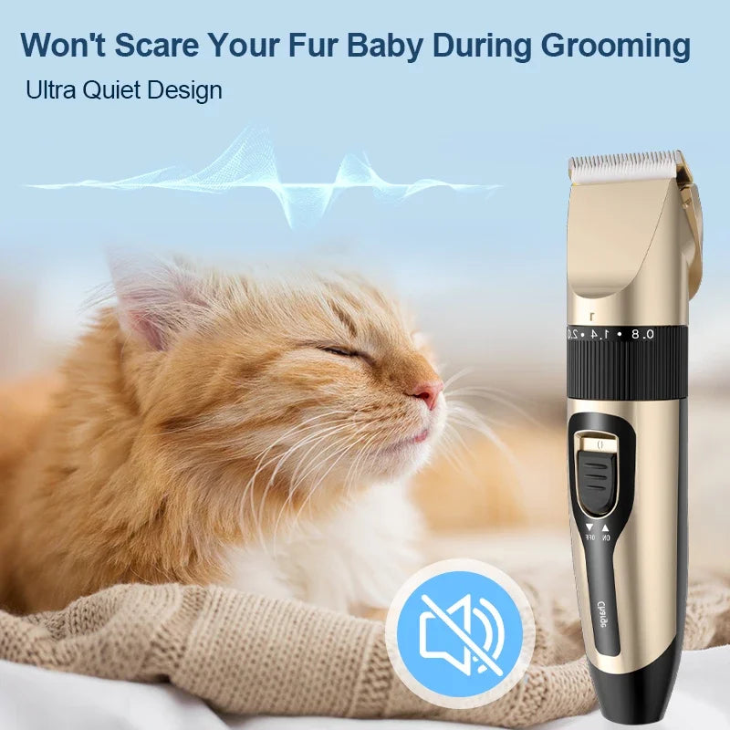 A fluffy orange and white cat is being groomed by a cordless pet grooming clipper with a ceramic blade.