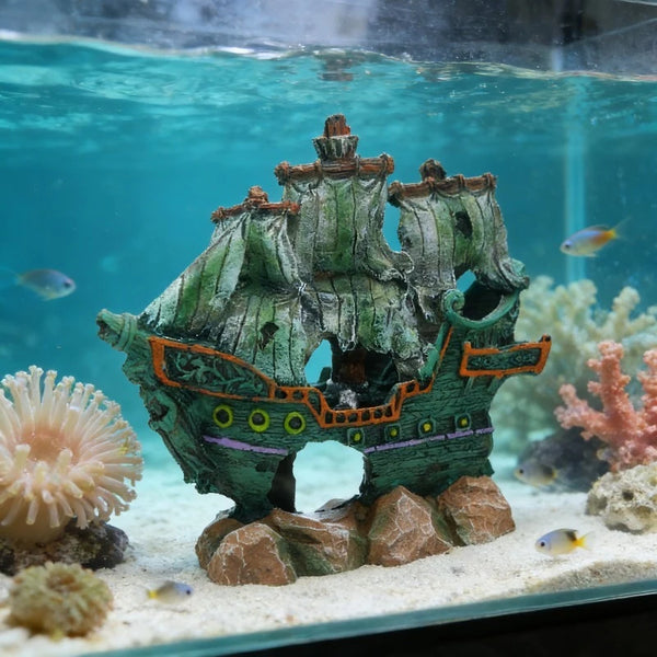 Resin shipwreck aquarium decor featuring a green hideout structure on a rock base.