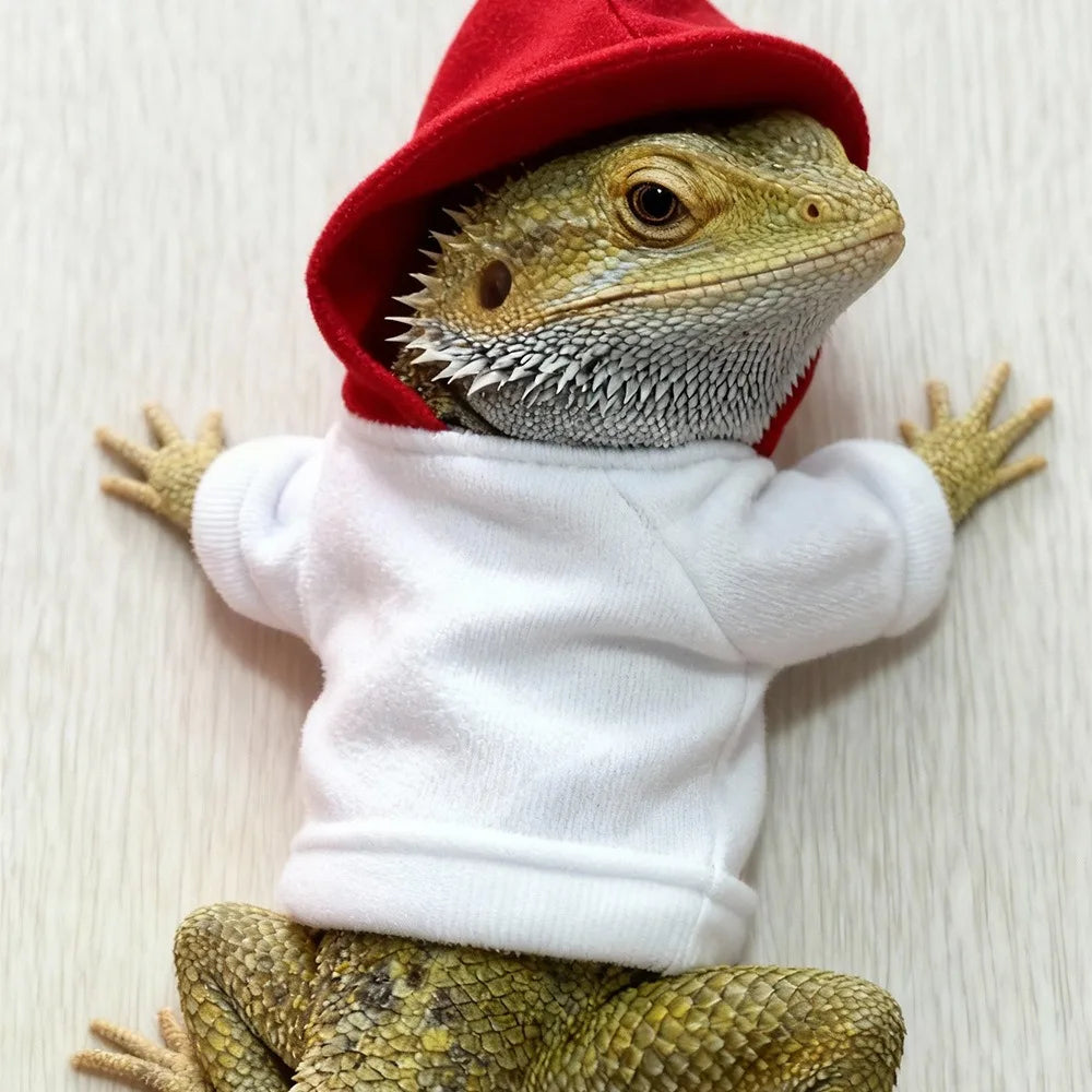 A bearded dragon costume featuring a lizard head and body wearing a red hat and a white shirt.