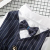 A navy blue striped tuxedo shirt with a bow tie displayed on a white collar against a black grid background.