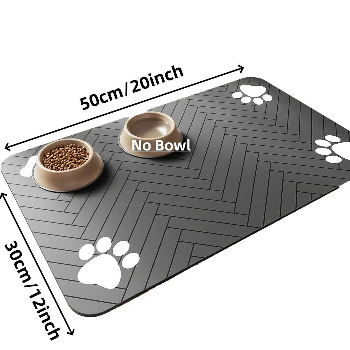 A gray pet feeding mat with a herringbone pattern, showing a bowl and paw print designs.