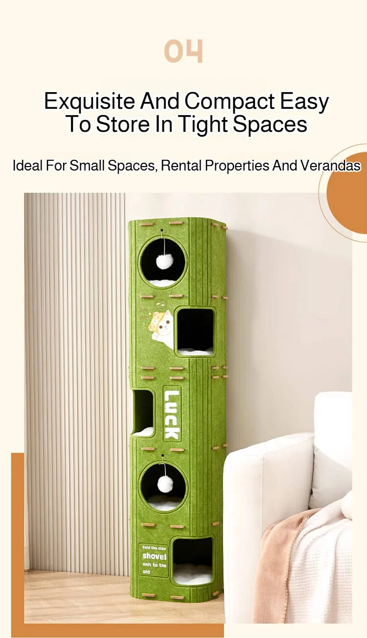 بيت قطط مغلق شتوي مع فتحة شجرة ولوح خدش متعدد الطبقات