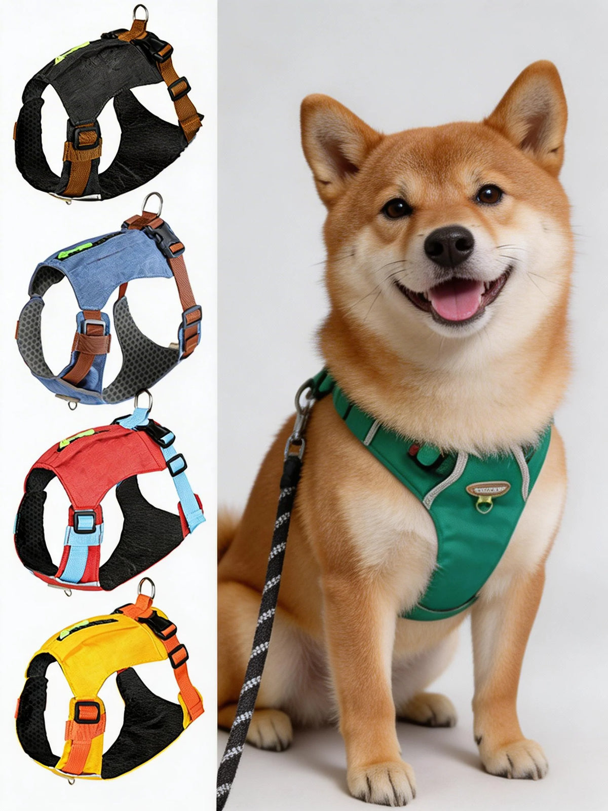 A happy Shiba Inu dog wearing a green padded harness vest, shown alongside various colored dog harnesses.