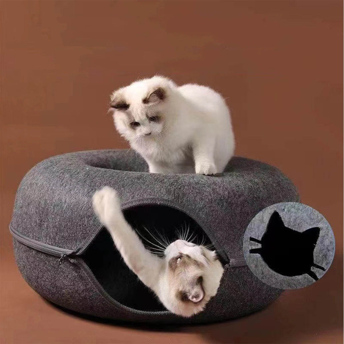 A white kitten is resting inside a gray felt cat bed and tunnel nest.
