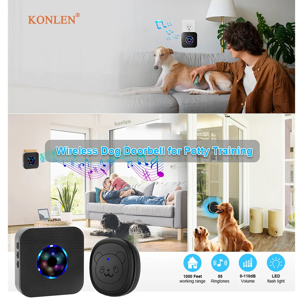 A wireless dog doorbell is shown with a dog in a living room setting, highlighting its use for potty training.