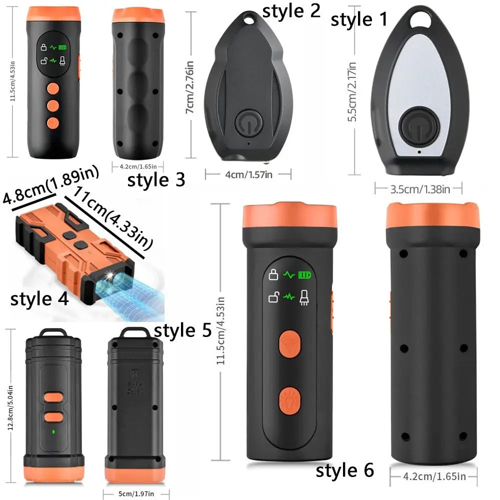A collection of six styles of a handheld ultrasonic dog bark deterrent device in black and orange colors.
