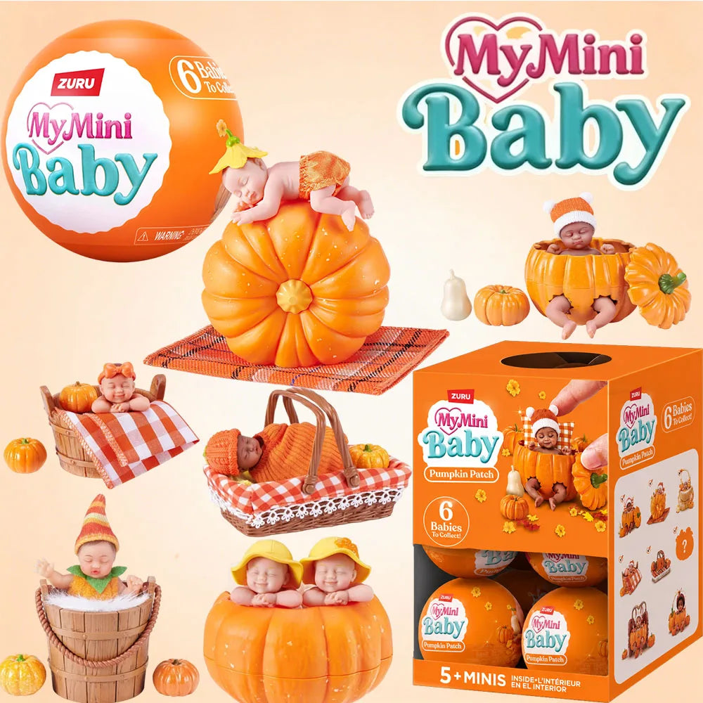 A ZURU My Mini Baby pumpkin patch blind box featuring baby dolls and seasonal decorations.