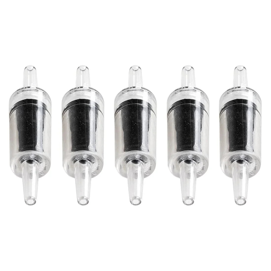 Five stainless steel aquarium air pump check valves shown from the side.