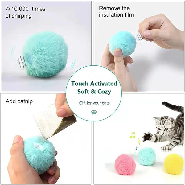 A fluffy turquoise plush cat toy ball is shown being removed from its insulation film and a catnip is added to it.