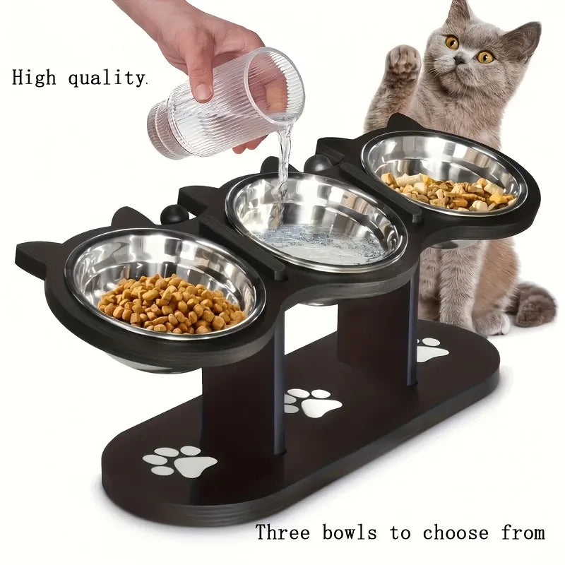 Comedero Elevado para Gatos de 3 Niveles con Base de Madera y Acero Inoxidable