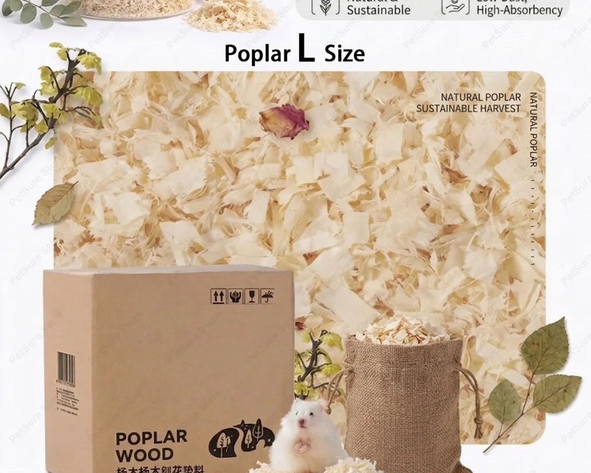 Caja de astillas de madera de poplar junto a un saco de yute y un pequeño roedor blanco.