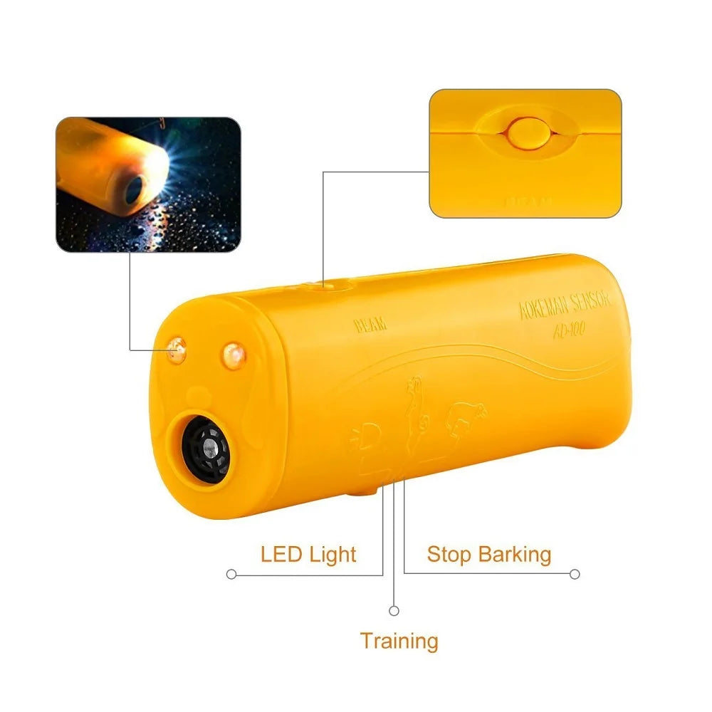 Entraîneur canin ultrasonique et lampe torche jaune avec fonction d'entraînement et feu de stationnement.