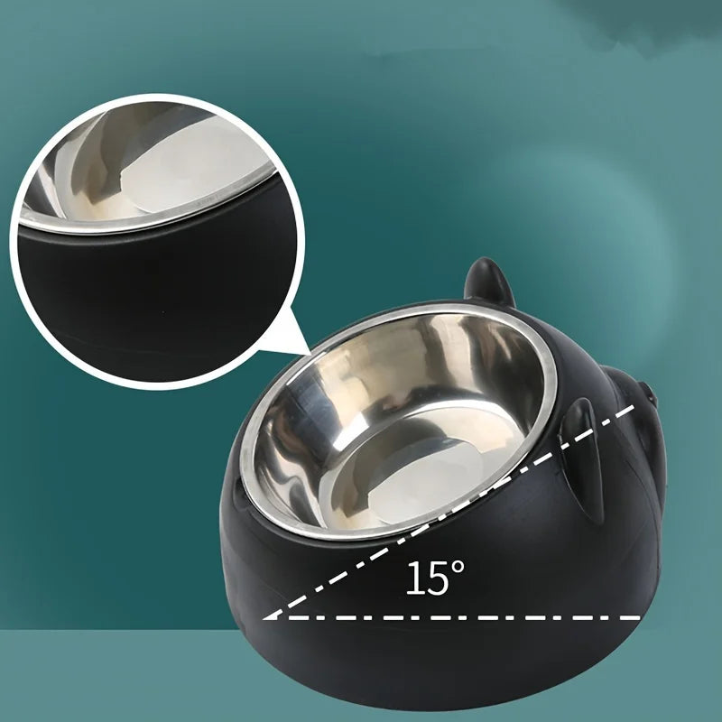 A black, tilted stainless steel pet bowl with a visible 15-degree angle adjustment.