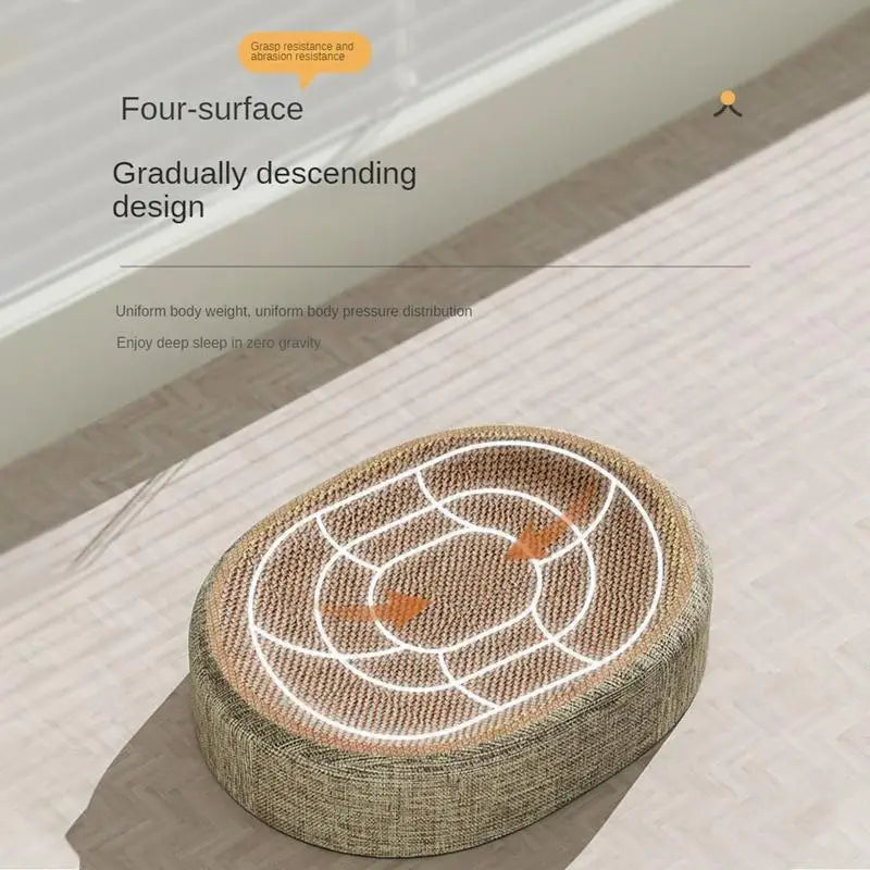 Oval cat scratching board and lounging nest made of woven natural fiber with a gradually descending design