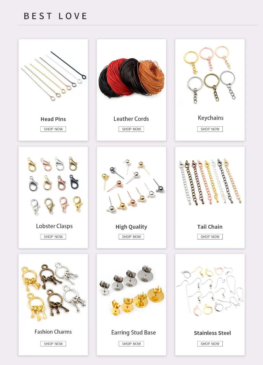 A collection of gold and silver plated jewelry including head pins, leather cords, keychains, lobster clasps, high quality it