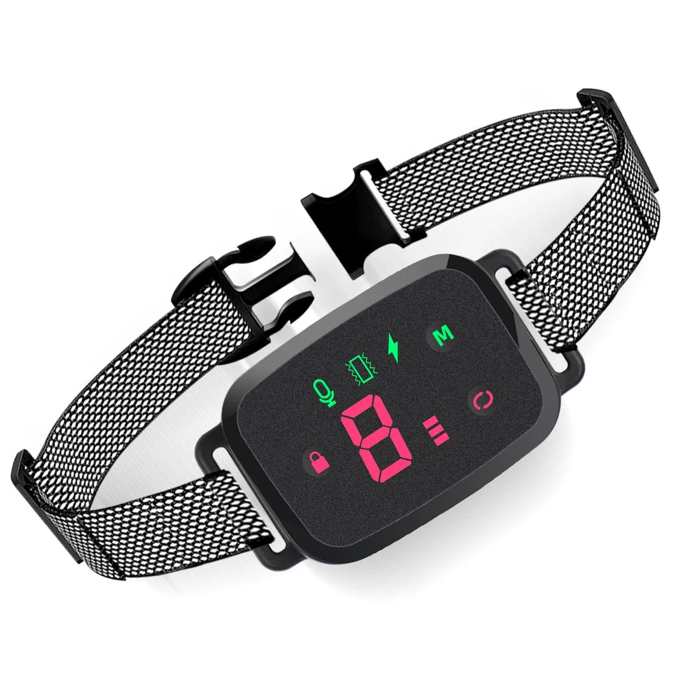 A black rechargeable anti-bark dog training collar with a mesh strap and remote control is shown on a white background.