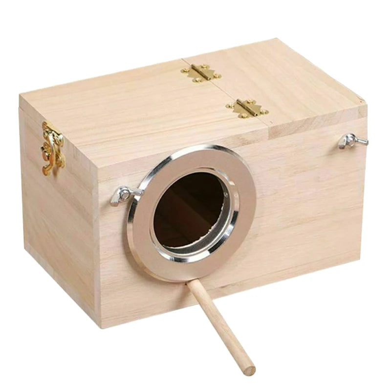 A natural wood bird nest box with a circular entrance hole and brass hinges.
