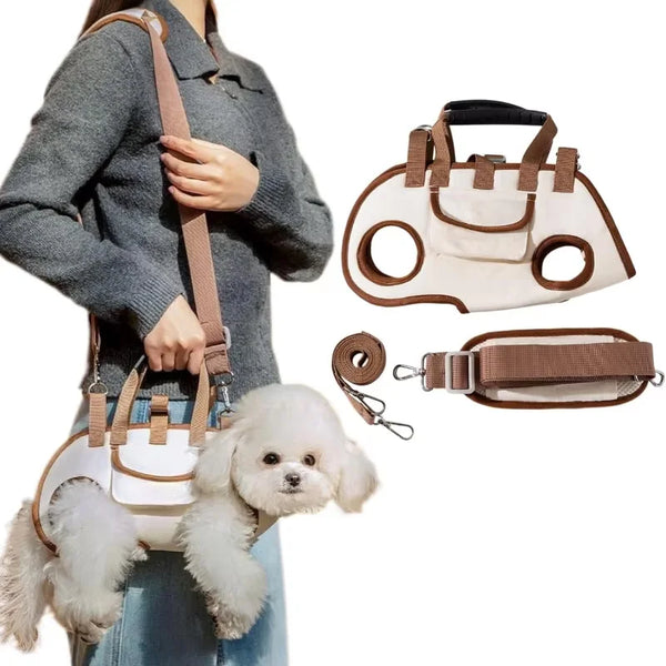 A light beige portable pet carrier sling bag with a padded carrier and adjustable strap is shown next to a small white dog.
