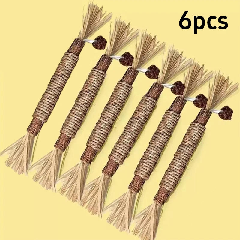 Six bundles of natural catnip chew sticks with squeakers for dental health