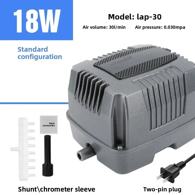 A gray air pump unit labeled 18W with accessories like a shunt and a two-pin plug.