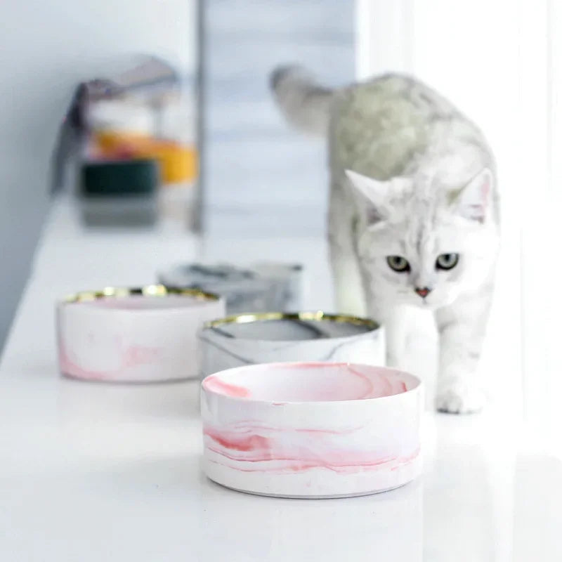 A white marbled ceramic double pet bowl set with a wooden stand sits on a white surface next to a cat.