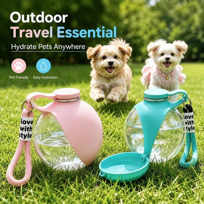 Pink and teal portable dog water bottles for hydrating pets outdoors on the grass