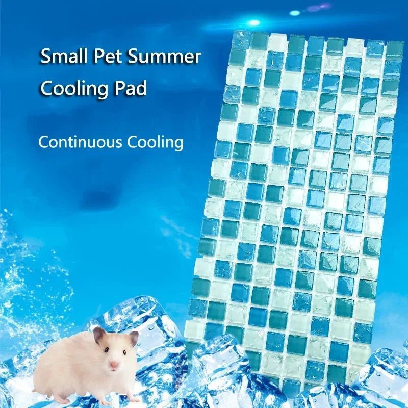 A blue cooling pad with a grid pattern is shown next to a small white pet.