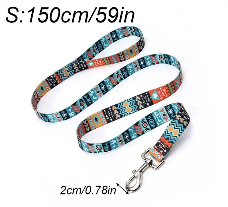 An ethnic striped pattern dog leash measuring 150cm/59in with a metal D-ring.