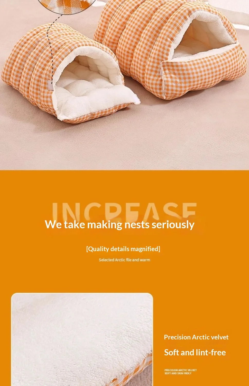 A woven orange and cream plaid cozy cave cat bed with a plush fleece lining shown in a close-up.