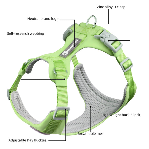A lime green dog harness featuring self-research webbing, a zinc alloy D clasp, and breathable mesh.