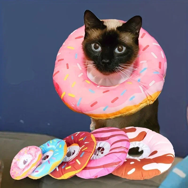 Un gato negro vistiendo un collar de época rosa con puntos y chispas coloridas.