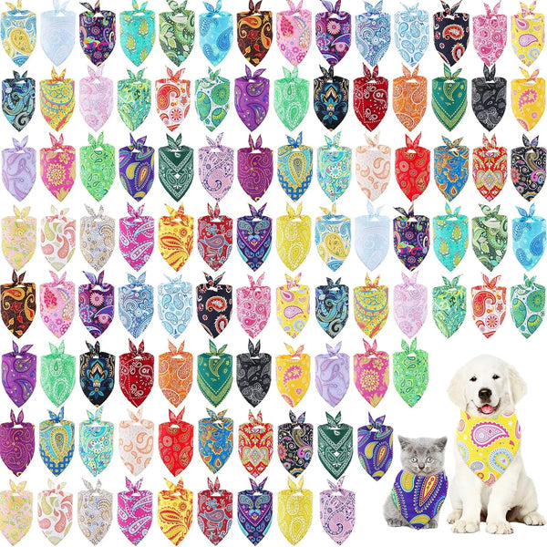 A collection of 100 paisley dog bandanas in various colors and patterns shaped like triangles.